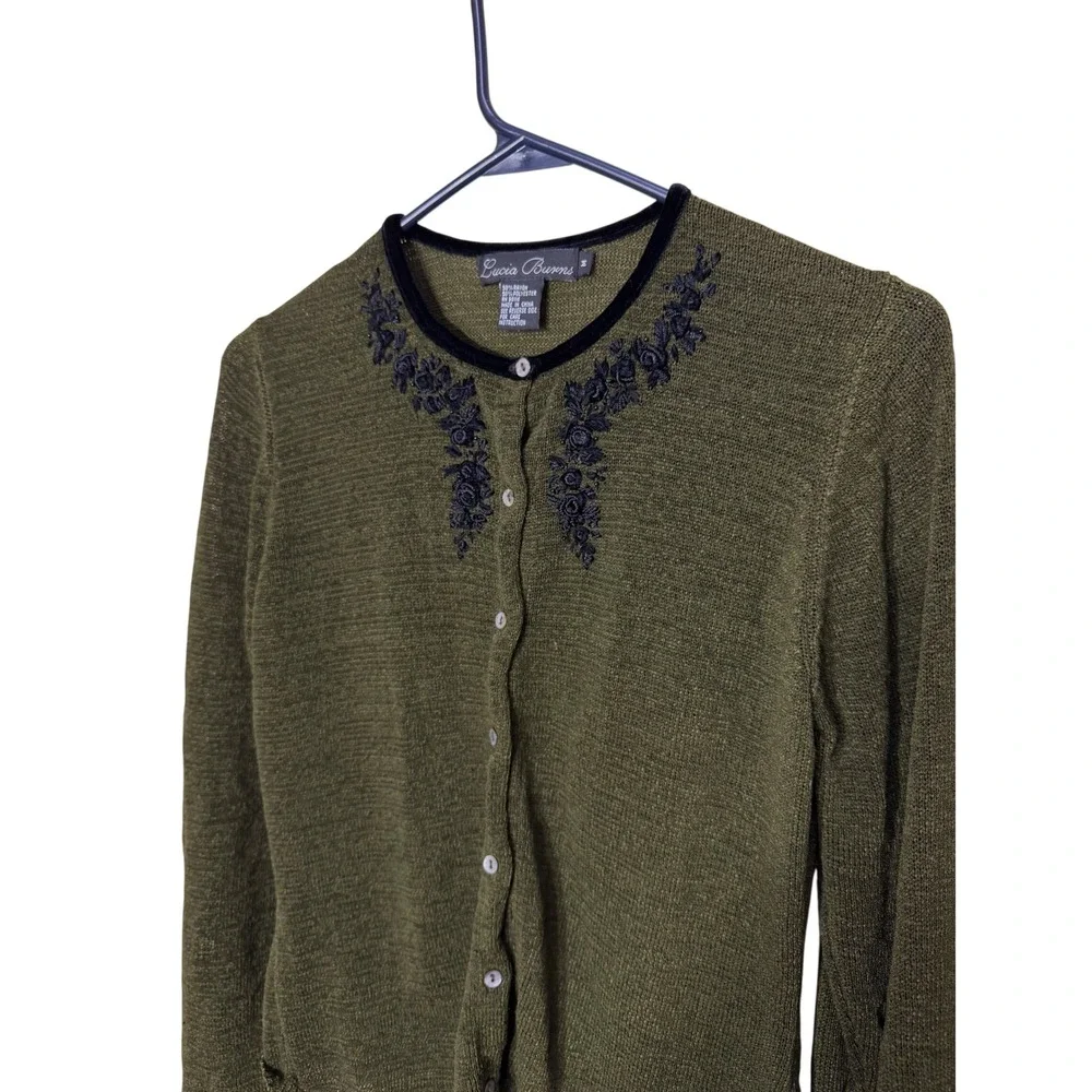 Lucia Burns Olive Green Embroidered Floral Cardigan Sweater Velvet Trim Size M